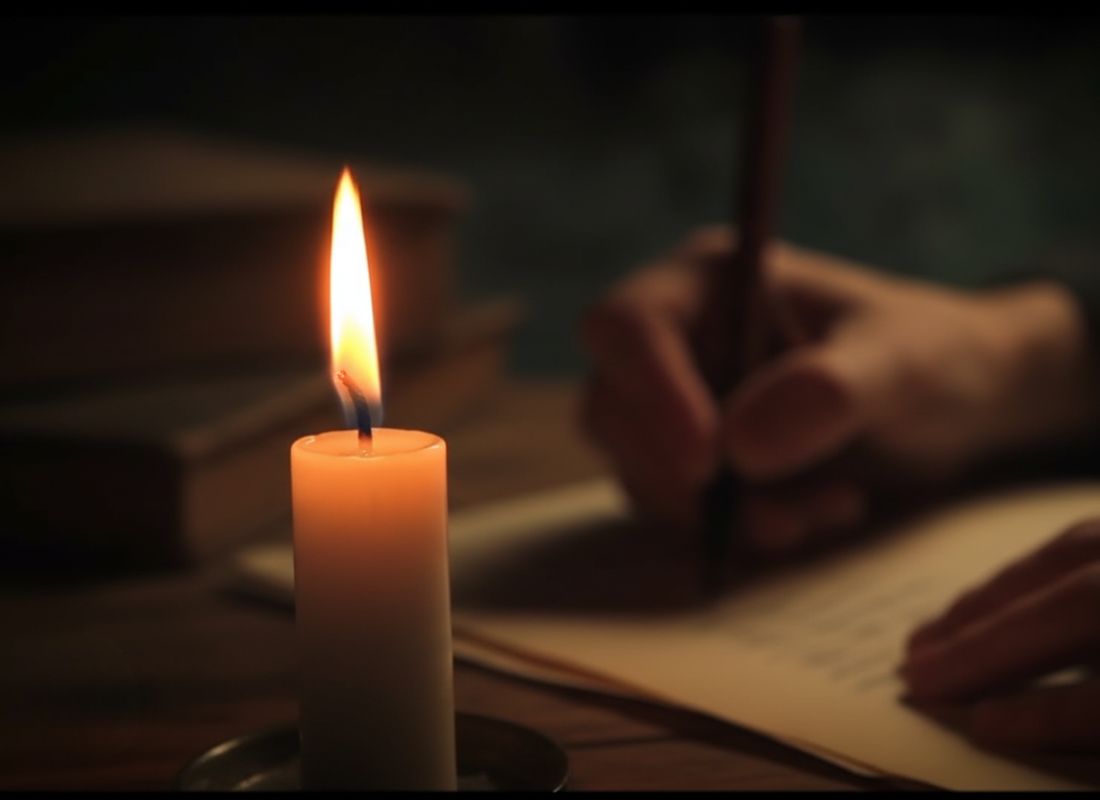 prikaz osobe koja piše na hartiji sa naliv perom pod svećom